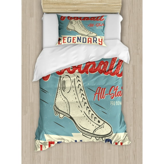 Sports Duvet Cover Set, Classic American Football Shoes Nostalgic Retro Style Print, Decorative 2 Piece Bedding Set with 1 Pillow Shams, Twin Size, Pale Teal Eggshell, by Ambesonne