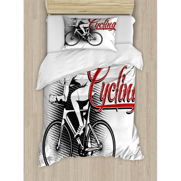 Sports Duvet Cover Set, Cycling Man Illustration Dotted Setting Biking Athletics Human Powered Vehicle, Decorative 2 Piece Bedding Set with 1 Pillow Shams, Twin Size, Black White Red, by Ambesonne