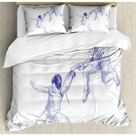Sports Duvet Cover Set King Size, Sketch of Two Sportsman Fencing Duel Agility Attack Discipline Sports Hobby, Decorative 3 Piece Bedding Set with 2 Pillow Shams, Violet Blue White, by Ambesonne