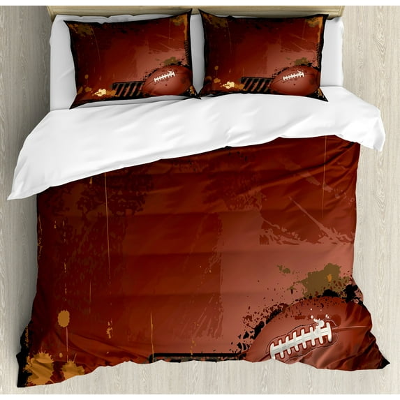 Sports Duvet Cover Set, Maroon Grunge Rugby Theme with Game Elements Competition Win Sports Artisan Image, Decorative 3 Piece Bedding Set with 2 Pillow Shams, Queen Size, Brown Black, by Ambesonne