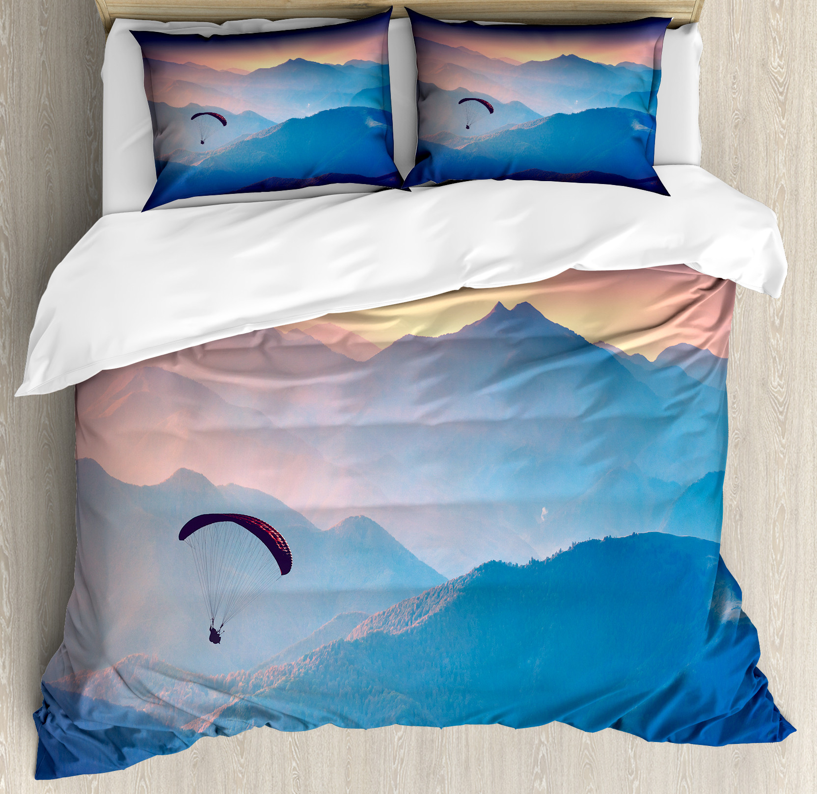 Sports Duvet Cover Set, Paraglide Flying over Majestic Mountains Morning Valley Sunrise Sports Freedom Theme, Decorative 3 Piece Bedding Set with 2 Pillow Shams, Queen Size, Blue Pink, by Ambesonne - image 1 of 3