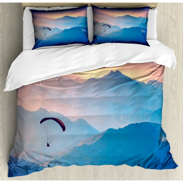 Sports Duvet Cover Set, Paraglide Flying over Majestic Mountains Morning Valley Sunrise Sports Freedom Theme, Decorative 3 Piece Bedding Set with 2 Pillow Shams, Queen Size, Blue Pink, by Ambesonne