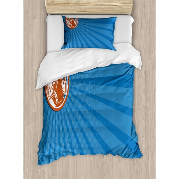 Sports Duvet Cover Set, Pop Art Gridiron with Old Fashioned Visual Properties Throwing Man Print, Decorative 2 Piece Bedding Set with 1 Pillow Shams, Twin Size, Orange Blue Azure Blue, by Ambesonne