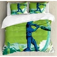 thumbnail image 1 of Sports Duvet Cover Set Queen Size, Cricket Player Pitching Win Game Champion Team Paintbrush Effect, Decorative 3 Piece Bedding Set with 2 Pillow Shams, Navy Blue Turquoise Lime Green, by Ambesonne, 1 of 3