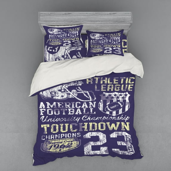 Sports Duvet Cover Set, Retro Style American Football College Theme Illustration Athletic Championship Apparel, Bedding Set with Shams and Fitted Sheet, 3 Sizes, by Ambesonne