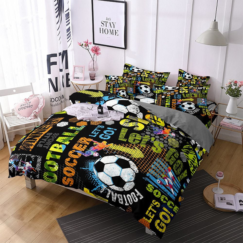 Sports Duvet Cover Set, Soccer Ball on Fire and Water Flame Splashing