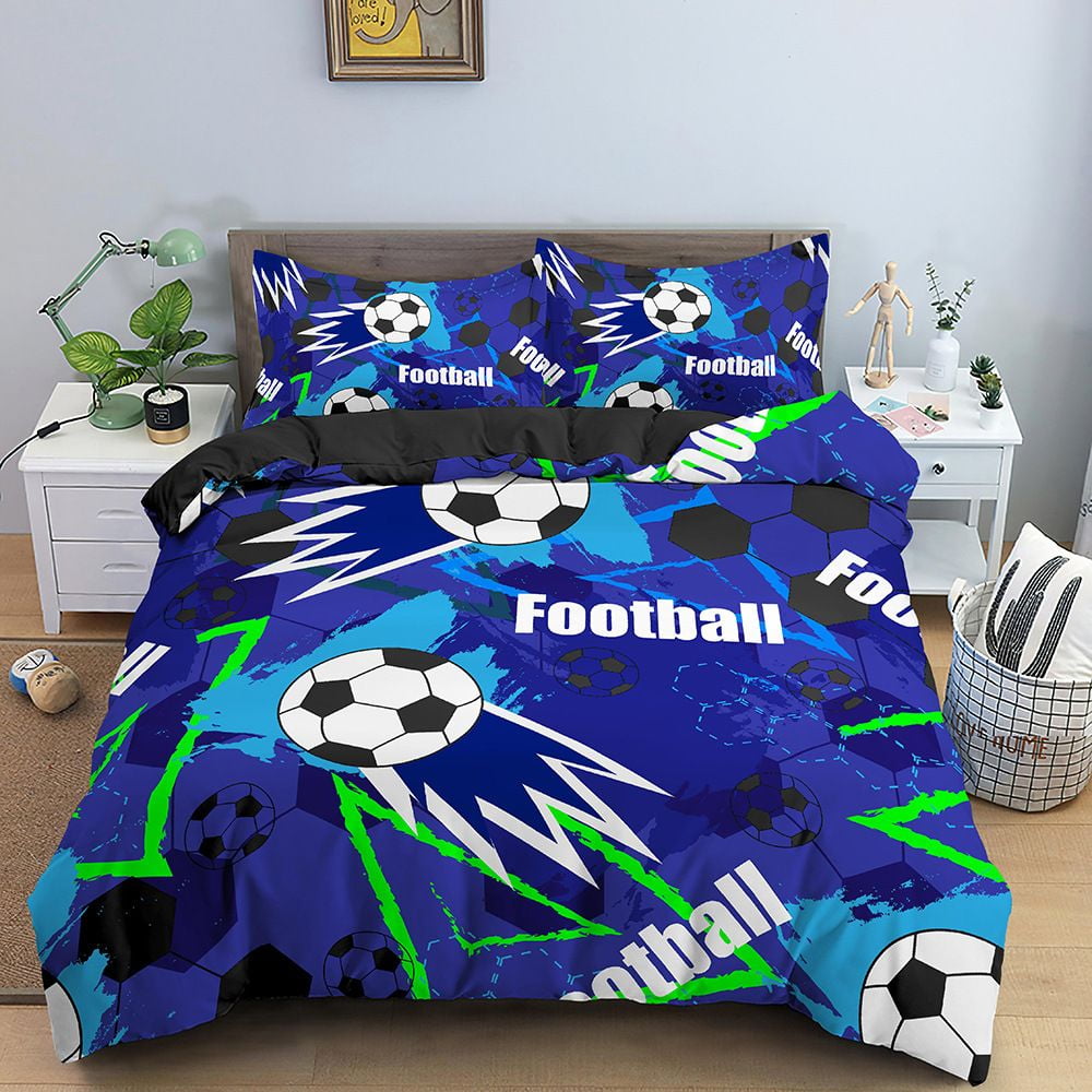 Sports Duvet Cover Set, Soccer Ball on Fire and Water Flame Splashing