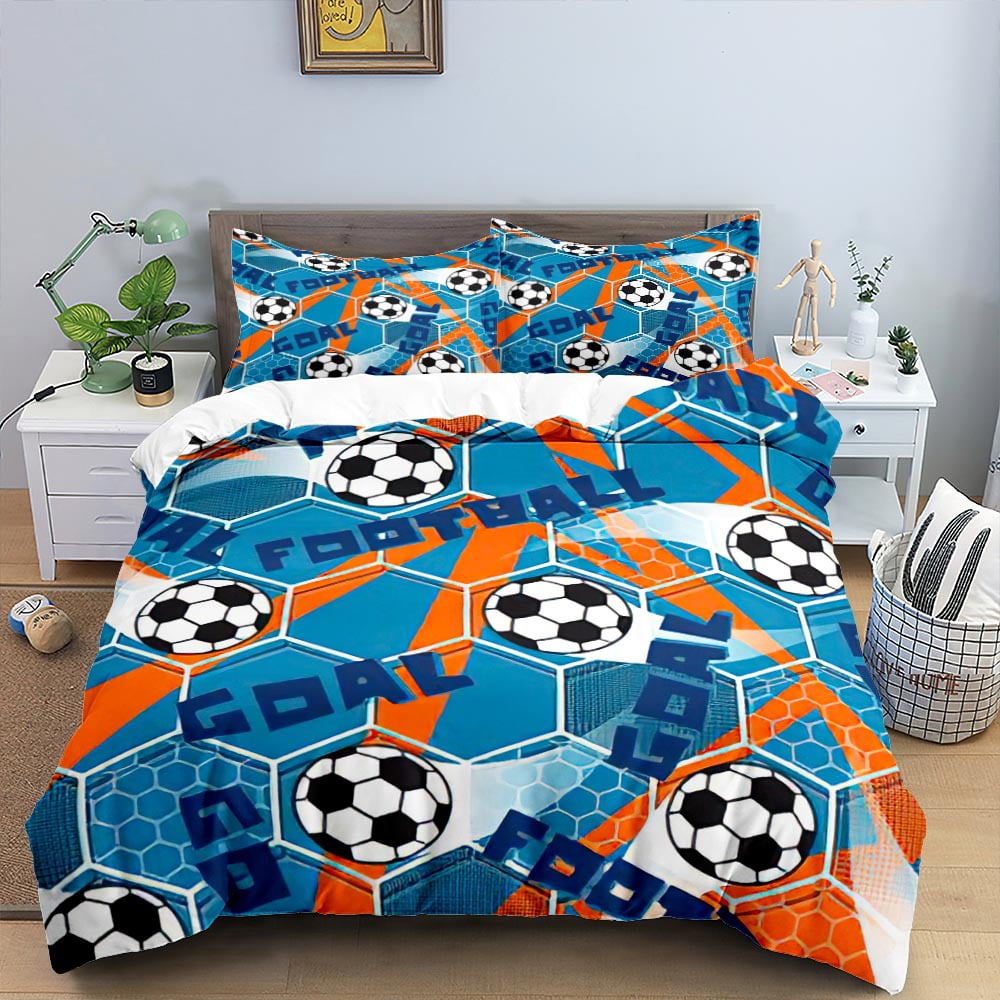 Sports Duvet Cover Set, Soccer Ball on Fire and Water Flame Splashing