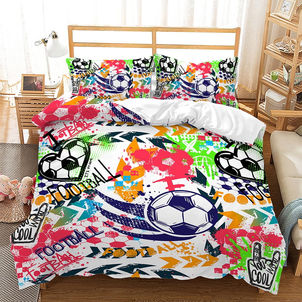 Sports Duvet Cover Set, Soccer Ball on Fire and Water Flame Splashing