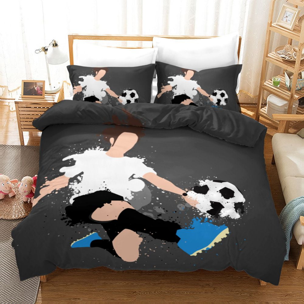 Sports Duvet Cover Set, Soccer Ball on Fire and Water Flame Splashing