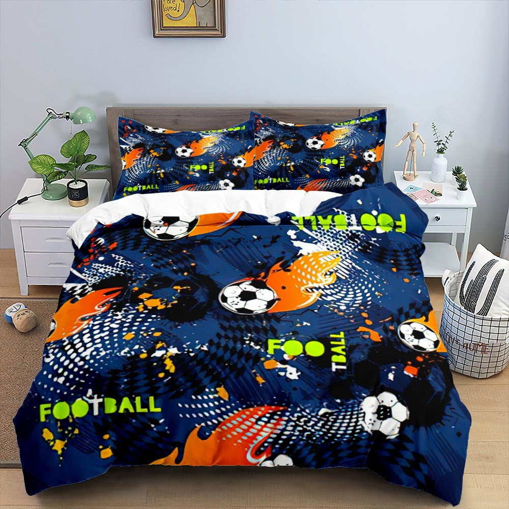 Sports Duvet Cover Set, Soccer Ball on Fire and Water Flame Splashing