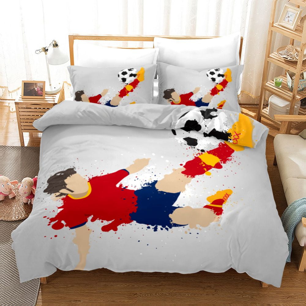 Sports Duvet Cover Set, Soccer Ball on Fire and Water Flame Splashing