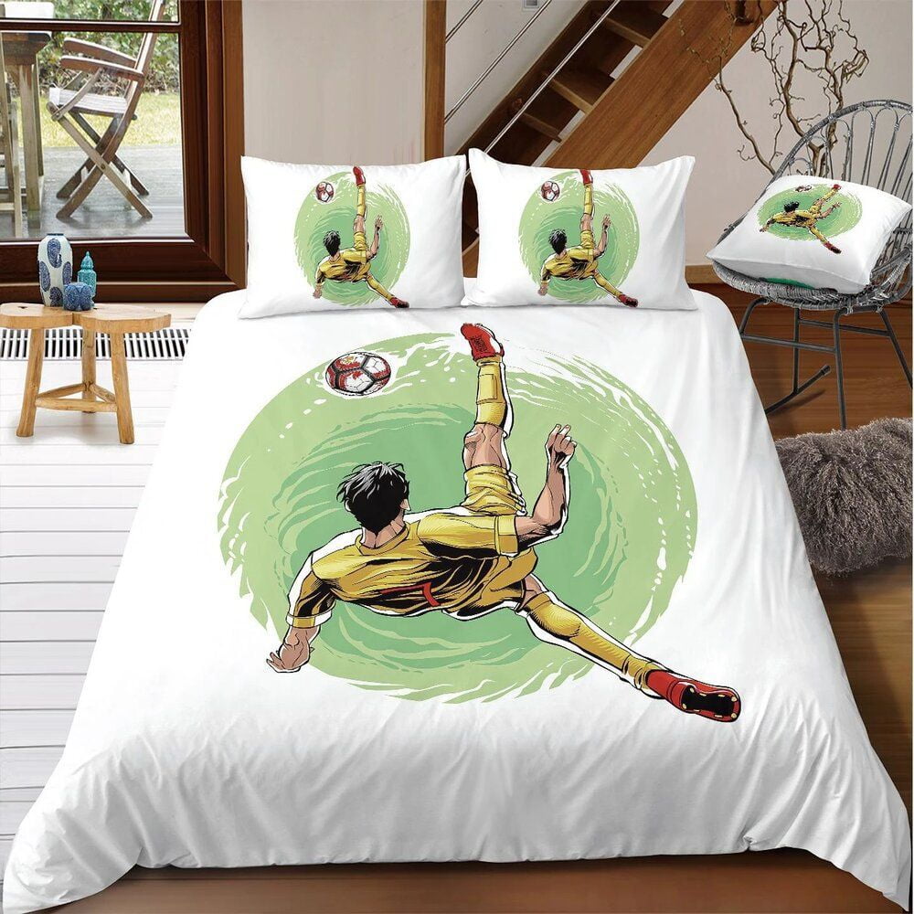 Sports Duvet Cover Set, Soccer Ball on Fire and Water Flame Splashing