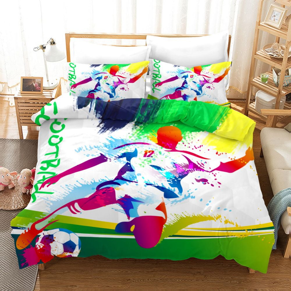 Sports Duvet Cover Set, Soccer Ball on Fire and Water Flame Splashing