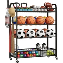 Sports Equipment Garage Organizer,Ball Storage Garage,Outdoor Ball Storage Rack,Rolling Ball Cart with Wheels Basket and Hooks for Basketballs Footballs Volleyballs in Gym Playgroup School