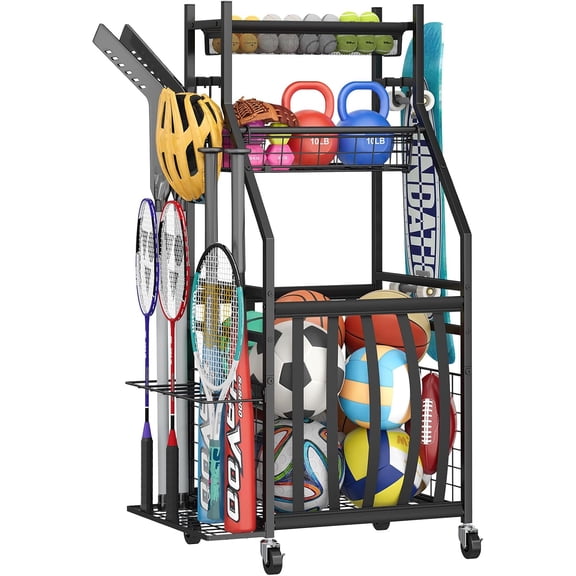 Sports Equipment Garage Organizer,Garage Ball Storage Rack with Elastic Straps,Small Rolling Ball Holder Cart with Wheels for Sports Gear,Indoor/Outdoor Toy Storage with Hooks and Baskets,BK