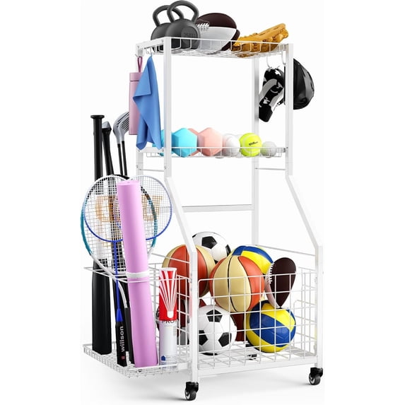 Sports Equipment Garage Organizer,Garage Ball Storage Rack with Wheels-Upgraded 3 Layers Sport Toy Organizer Rack Outdoor Basketball Racks for Balls with Holder and Hooks
