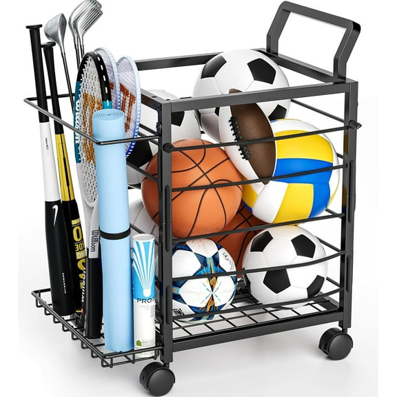 Sports Equipment Garage Organizer,Garage Ball Storage Rack for Sports with Wheels-Upgraded 3 Layers Organizer Rack Outdoor Basketball Racks for Balls with Holder and Hooks (Dark Black)