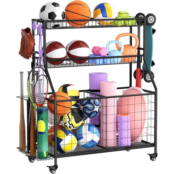 Sports Equipment Garage Organizer - Heavy Duty Garage Organization Ball Storage Rack with Basket, Hooks and Rolling Cart for Sports Gear and Toy Storage, Indoor/Outdoor Use, Black