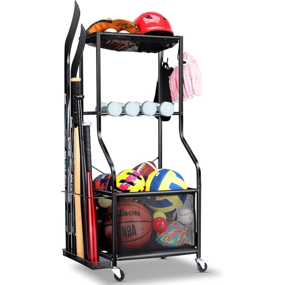 Sports Equipment Garage Organizer - Rolling Ball Storage with wheels, 3-Tier Sports gear Storage Rack Indoor & Outdoor Balls Cart with Hooks for Home, Garage (Black)