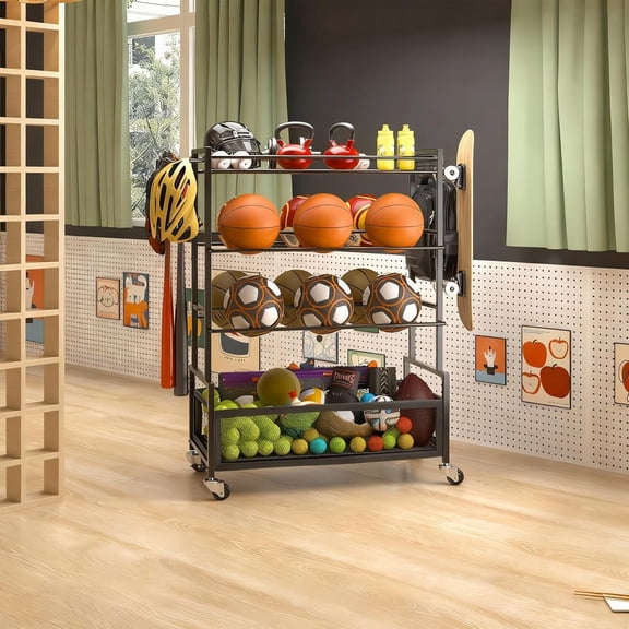 Sports Equipment Organizer- Ball Storage for Garage,4 Tiers Outdoor Toy Storage,Soccer Racks,Basketball Shooting Training Stand Cart with Wheels and Hooks for Home-School and Gym Use