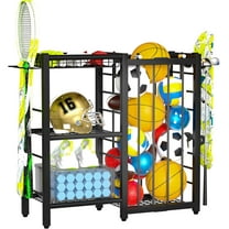Sports Equipment Organizer, Ball Storage Rack with Elastic Straps, Garage Sports Organizer Storage Cart with Hooks, Basketball Rack for for golf, Football, Soccer Ball, Bat, Black