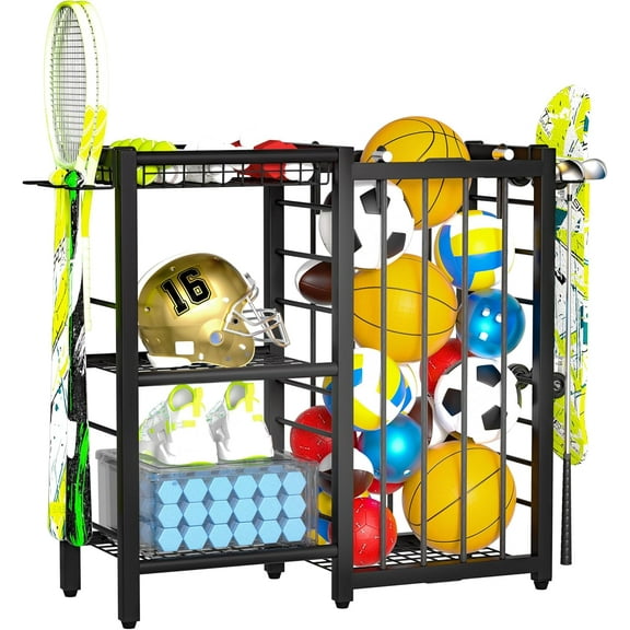 Sports Equipment Organizer, Ball Storage Rack with Elastic Straps, Garage Sports Organizer Storage Cart with Hooks, Basketball Rack for for golf, Football, Soccer Ball, Bat, Black