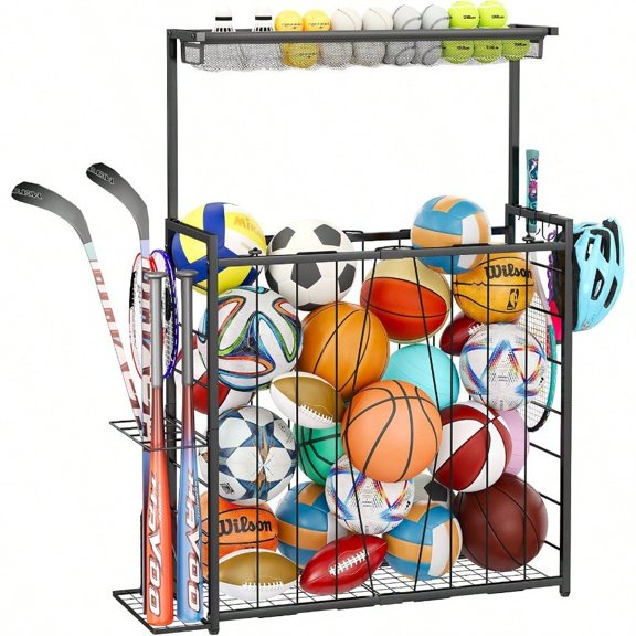 Sports Equipment Organizer Big Garage Storage Ball Rack With Elastic Straps And 3 Hooks Outdoor Toy Organizer Stand Garage Organization Storage Rack For Basketball Football Soccer Volleyball