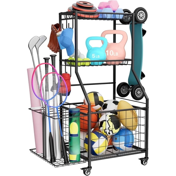 Sports Equipment Organizer, Garage Ball Storage Rack with Basket & Hooks, Heavy Duty Rolling Ball Carts with Wheels for Toy Sports Gear Storage
