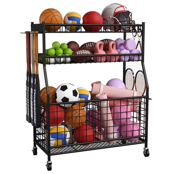Sports Equipment Organizer,Garage Organizers and Storage,Sports Ball Storage Garage Organization Cart,Storage Rack Black