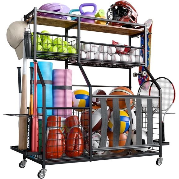 Sports Equipment Organizer, Garage Storage with Basket and Hooks, Rolling Cart with Wheels for Toy Sports Gear Storage, Ball Rack for Indoor/Outdoor