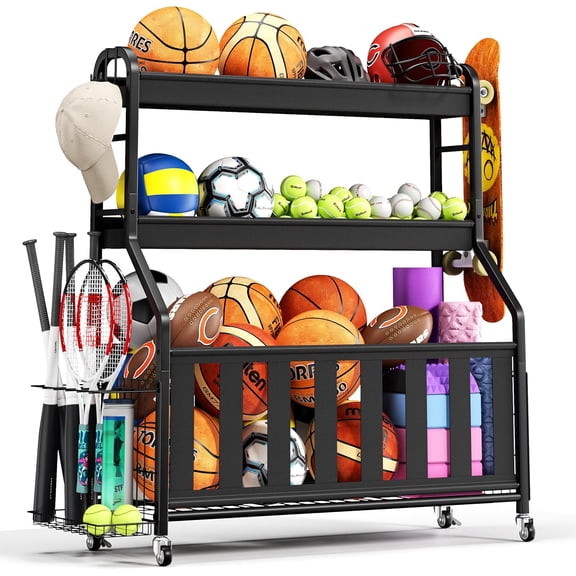 Sports Equipment Organizer, Rolling Ball Storage Cart with Locking Wheels, Hooks & Bat Rack