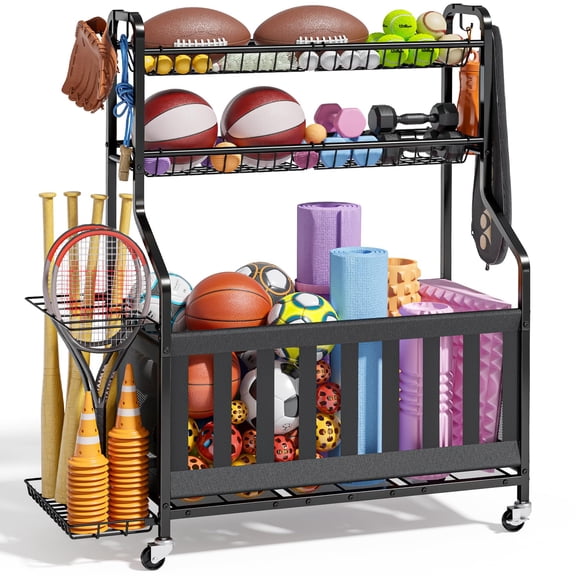 Sports Equipment Storage Organizer, Rolling Garage Ball Storage Rack For Basketballs And Bats, Heavy Duty Metal Organization Stand With Removable Trays And Hooks, Modern Utility Furniture, Black, 1 P