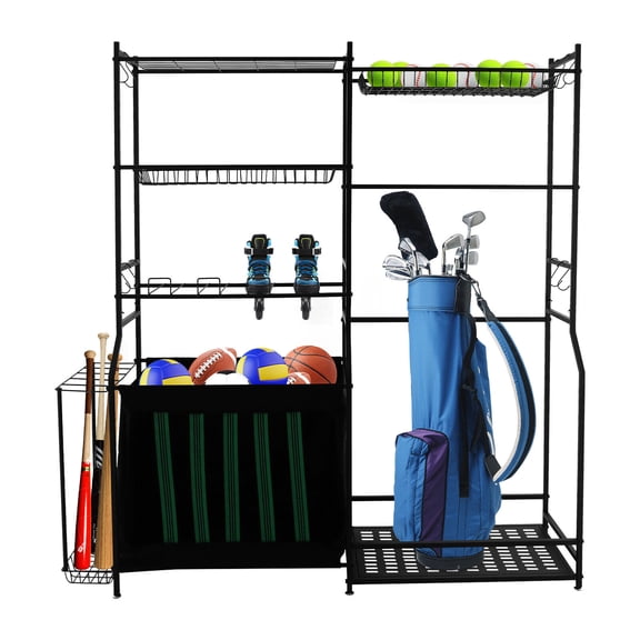Sports Equipment Storage Rack - Heavy-Duty Sports Gear Organizer for Balls, Bats, Helmets, and More - Space-Saving Design for Garage, Basement, or Indoor Use Black