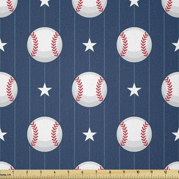 Sports Fabric by The Yard, Baseball Patterns on Vertical Striped Background Stars Design, Stretch Knit Fabric for Clothing Sewing and Arts Crafts, 1 Yard, Blue Red, by Ambesonne