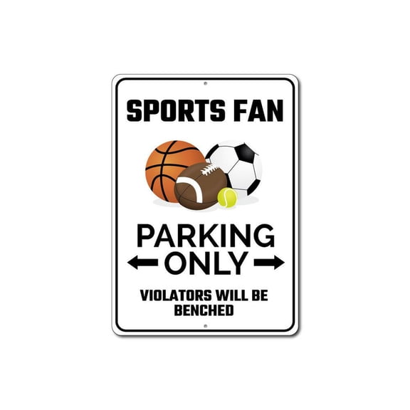 Sports Fan Parking Only Sign, Arrow Violators Will Be Benched Sign, Man Cave Garage Aluminum Decor - 10x14 inches