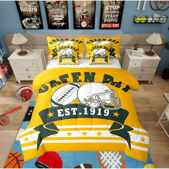 Sports Fans Gifts Bedding Full, 7-Piece American Football City Comforter Set Adults - 1 Comforter, 1 Flat Sheet 1 Fitted Sheet 2 Pillowcases 2 Throw Pillow Covers (Green Bay)