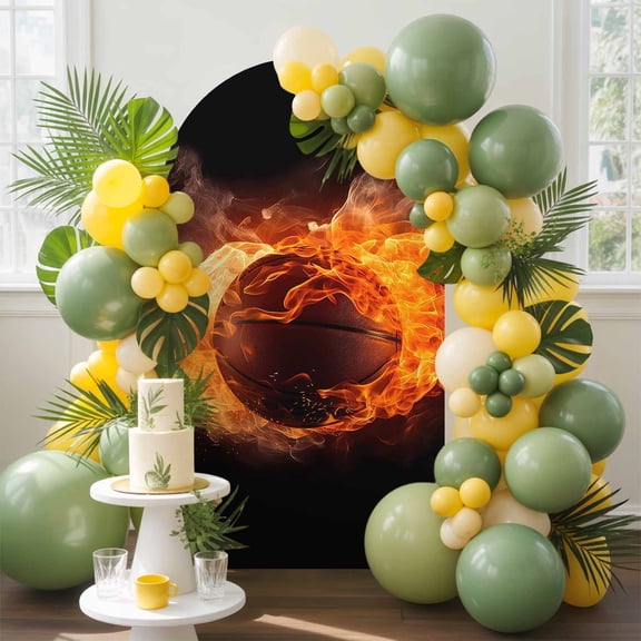 Sports Fire Arch Backdrop Cover, 4FT, Basketball Illustration Spandex Arch Covers Double-Sided Backdrop for Wedding Birthday Party Photo Background Decoration