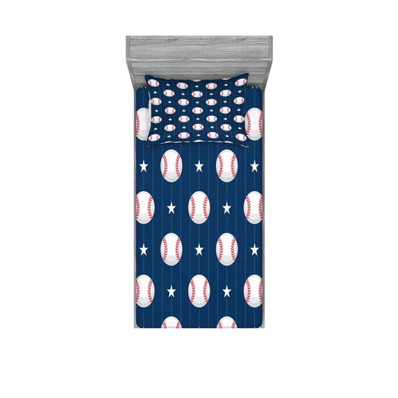 Sports Fitted Sheet & Pillow Sham Set, Baseball Patterns on Vertical Striped Background Stars Design, Decorative Printed 4 Piece Bedding Decor Set, Twinxl, Night Blue Red White, by Ambesonne