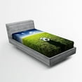 thumbnail image 1 of Sports Fitted Sheet Soccer Ball on a Grassy Hill with Open Sky Hobby Football Fun Activity Theme Photo, Soft Decorative Fabric Bedding, Green Blue, by Ambesonne, 1 of 3