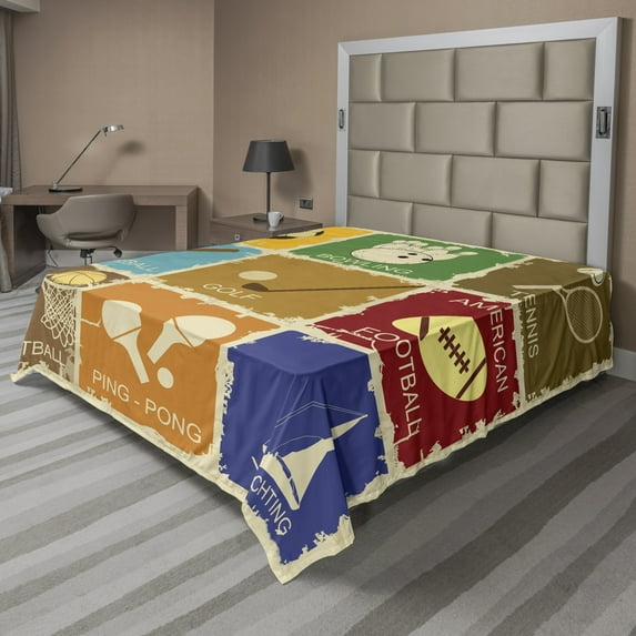 Ambesonne Sports Flat Sheet, Vintage Golf Bowling Tennis, Full Size, Multicolor