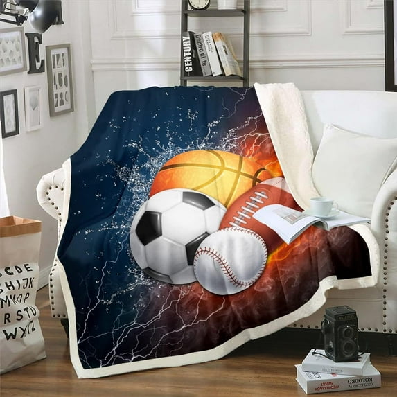 Sports Fleece Blanket Boys 40x50 Size,Baseball Soccer Sherpa Blanket Kids Teens Basketball Football Plush Blanket Ball Games Blanket,Fire Ice Trippy Lightening Decor Soft Luxury