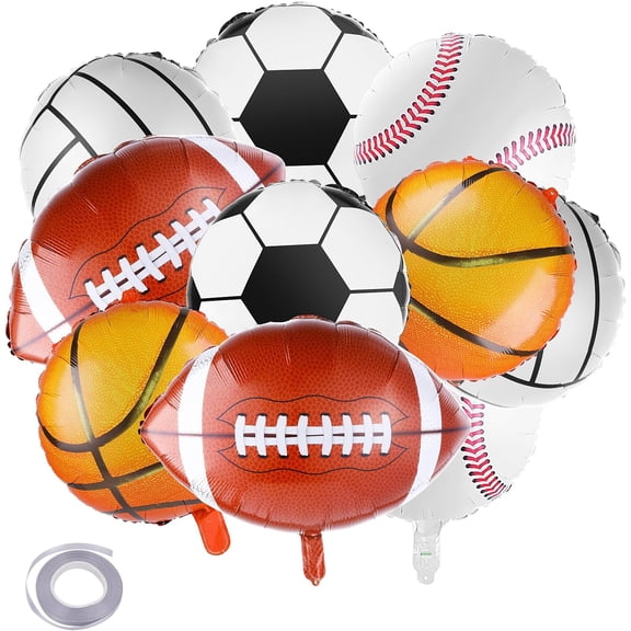 Sports Foil Balloons Set - Baseball, Football, Basketball & Rugby Balloons with Ribbon for Party Decoration