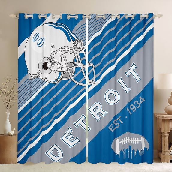 Sports Football 30%-50% Blackout Curtains White and Sky Blue Rugby Helmet Curtains & Drapes 42''Wx90''L, American Football City Themed Curtains Retro 3D Ball Game Window Curtains(Detroit)