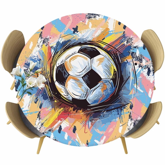 Sports Football, Minimalist Painted Art Table Cloth, Round Fitted Tablecloths with Elastic Edge, Wipeable Waterproof Table Cover for Kitchen Wedding 45-54 Inches
