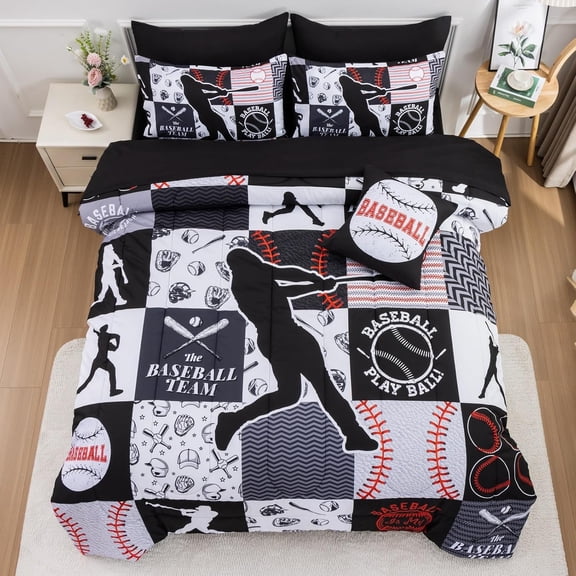 Sports Geometric Grid Black Patchwork Baseball Printed for Boys Full 6Pcs Bed in A Bag Comforter Bedding Set, Black