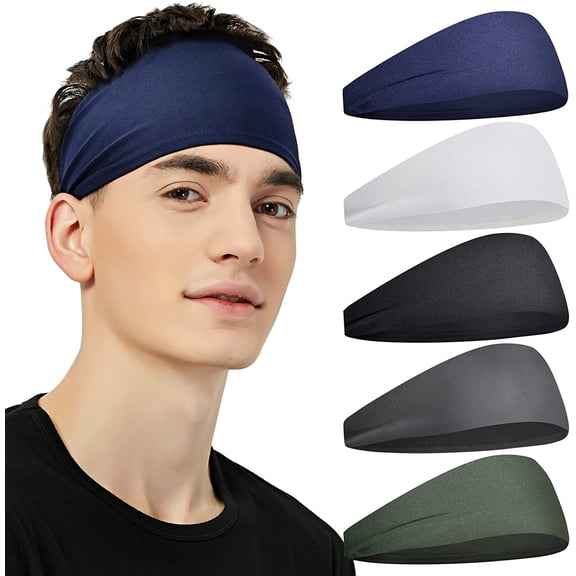 Sports Headbands for Men (5 Pack),Moisture Wicking Workout Headband, Sweatband Headbands for Running,Cycling,Football,Yoga,Hairband for Women and Men (Dark Gray, Green, White, Blue, Black)