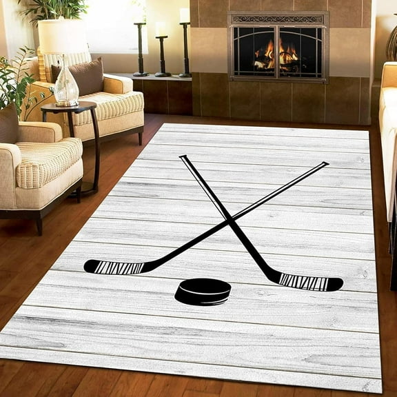 Sports Hockey Rustic Wood Area Carpet, Modern Abstract Decor Rug, Small Rug Soft Comfortable Machine Washable Non-Slip Durable for Boy Girl Living Room Bedroom Study Dining Room 4x6ft