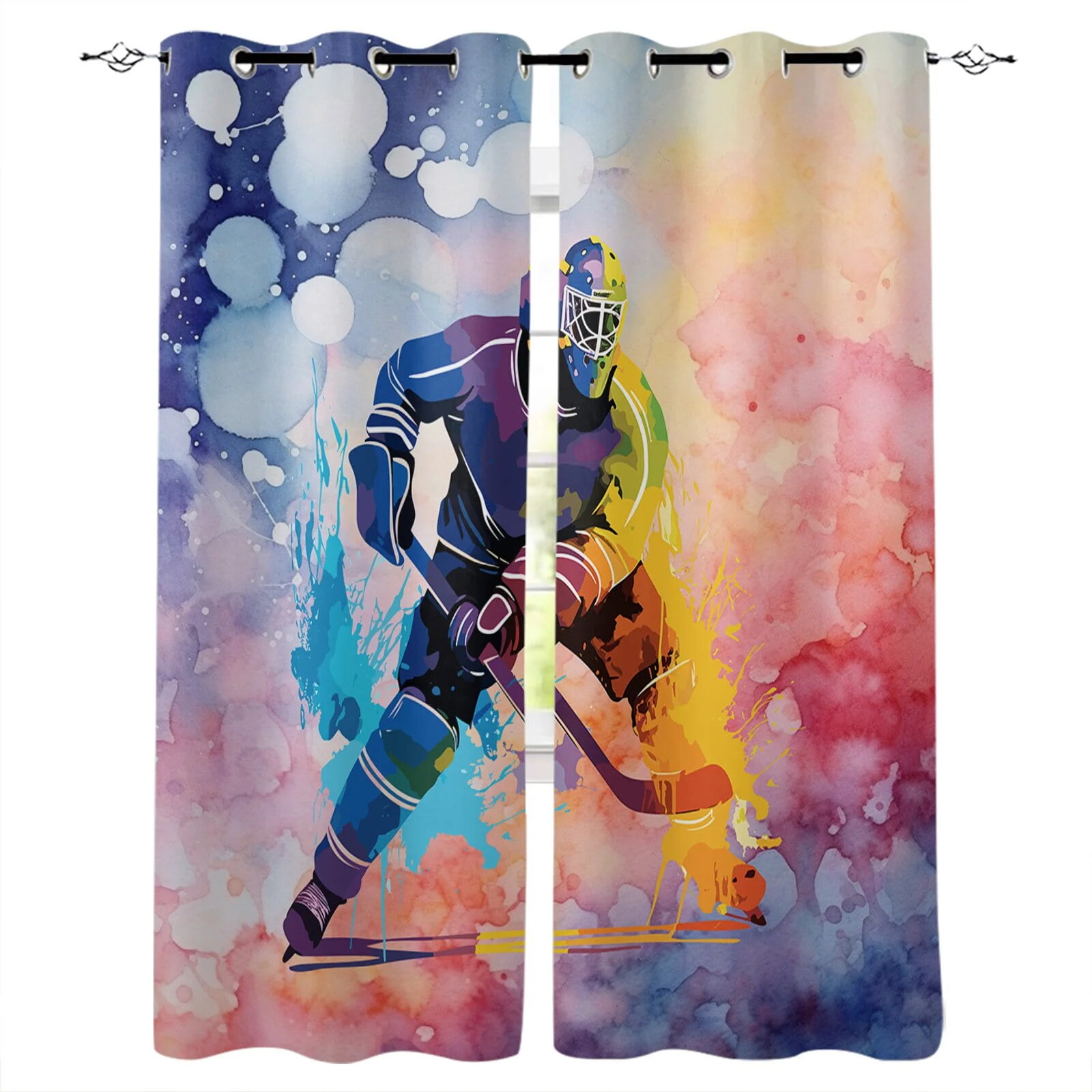 Sports Ice Hockey Athletes Simple Watercolors Modern Hall Curtains for