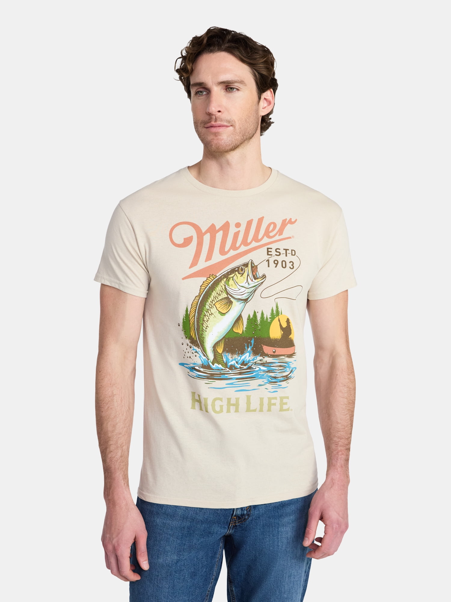 Miller Men's and Big Men's High Life Fishing Graphic Tee, Sizes S-3XL
